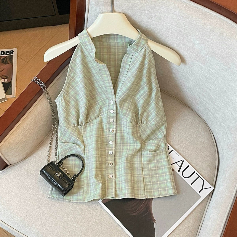 Petite Plaid Half-Open Collar Shirt for Women, Summer New Single-Breasted Sleeveless Short Halter Neck Tank Top for Women