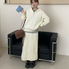秋冬新款韩系简约半拉链连帽针织卫衣女+高腰休闲半身裙两件套潮