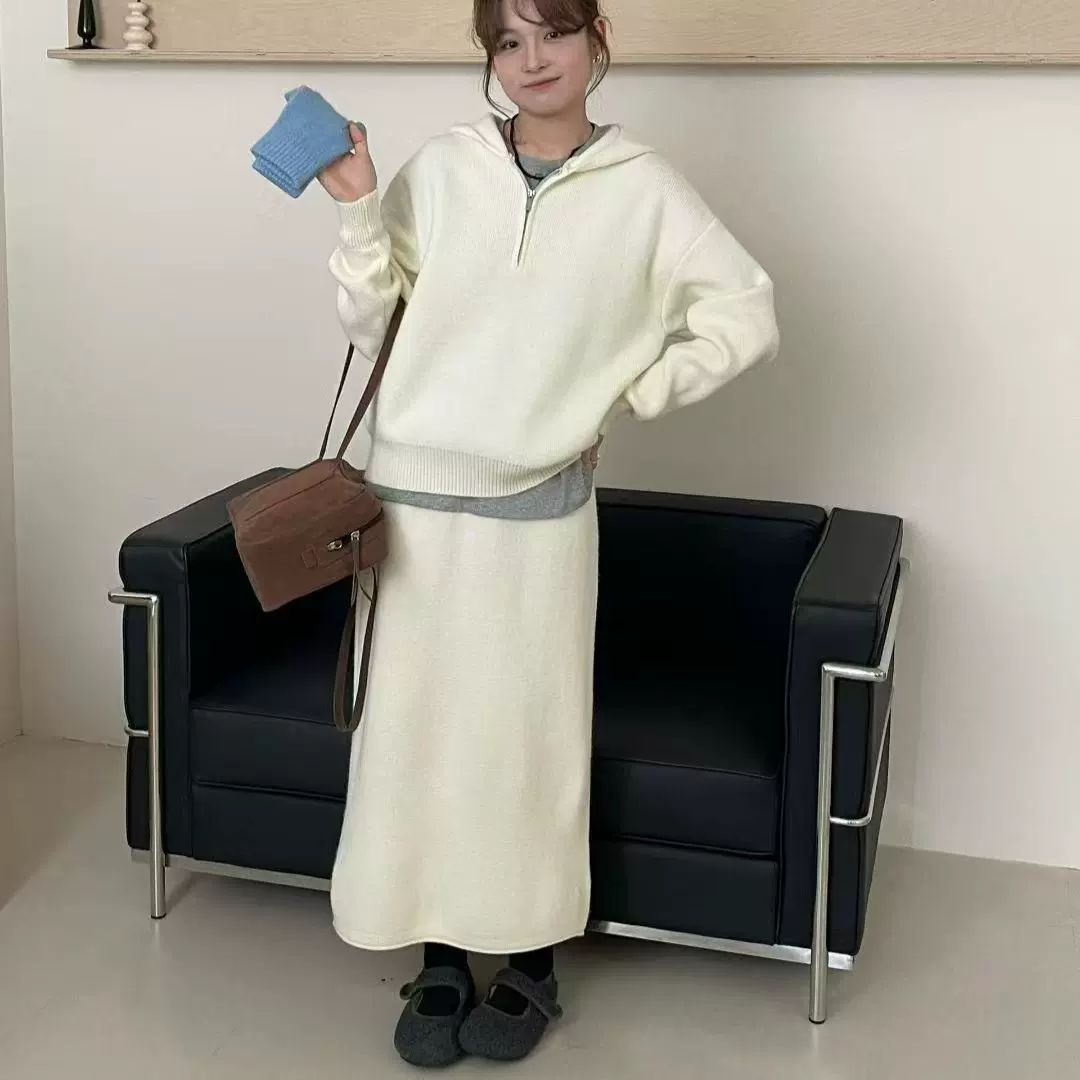 秋冬新款韩系简约半拉链连帽针织卫衣女+高腰休闲半身裙两件套潮