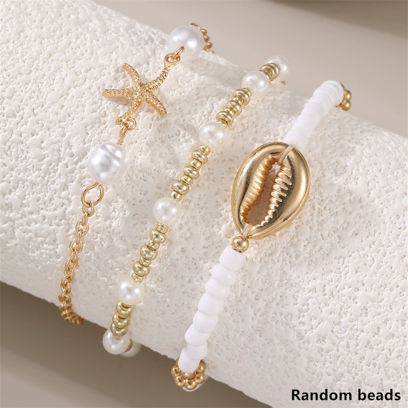 Ankle Bracelet, Boho Beach Style White Elastic Pendant, Shell & Starfish Accent