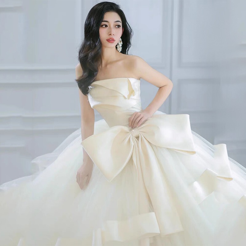 Strapless Satin Wedding Dress 2026 New Style for Petite Brides, Forest-Style French Main Wedding Dress with Large Bow, Available for Wholesale