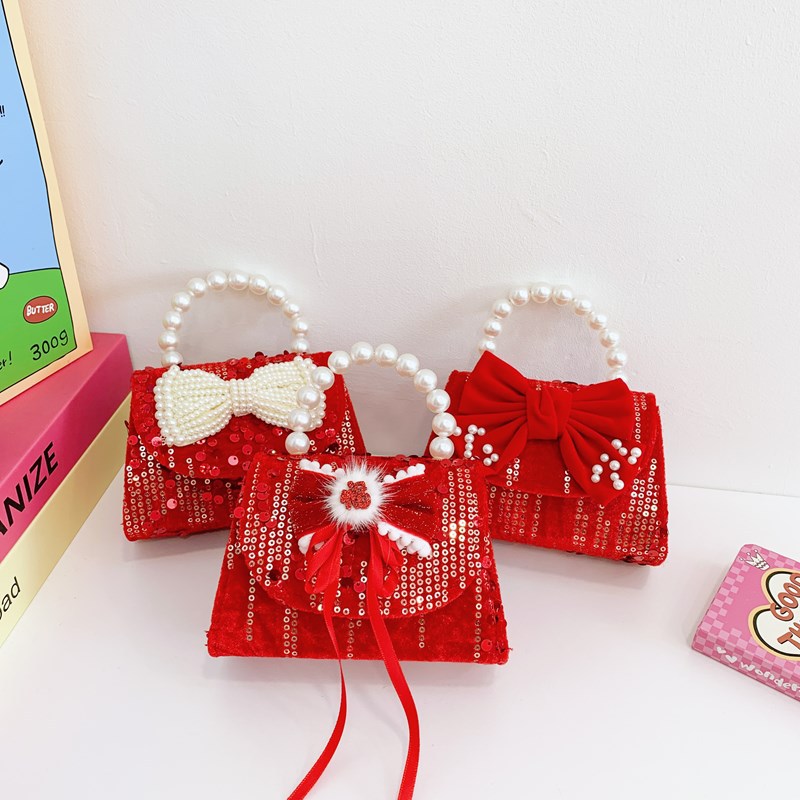 Perla bolsos de mano para niños, bolsos de niña, bolsos de niña dulce, bolsos de mano, bolsos de cambio de arco de Año Nuevo.