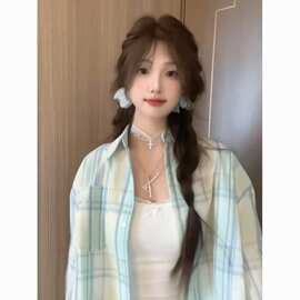 薄荷绿格子衬衫外套女2026春夏季法式温柔小清新氛围感防晒衫衬衣