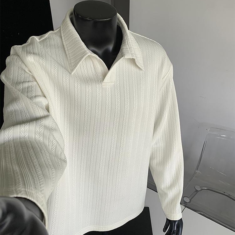 Wheat Strip Plaid Polo Shirt Men's Long-Sleeved Spring and Autum High-End V-Neck Sweatshirt Cleanfit Old Money Style Wear