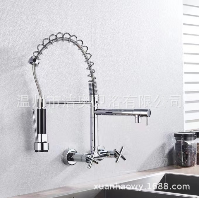 Factory copper single cold wall kitchen spring faucet multi-functional hot and cold vegetable basin pull-out vegetable basin faucet