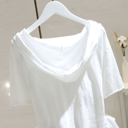 Women's Loose Fit Hooded White T-Shirt with Short Sleeve 2025 Spring and Summer Top, Comfy, Slimming, Versatile, Over-the-Head Sweatshirt