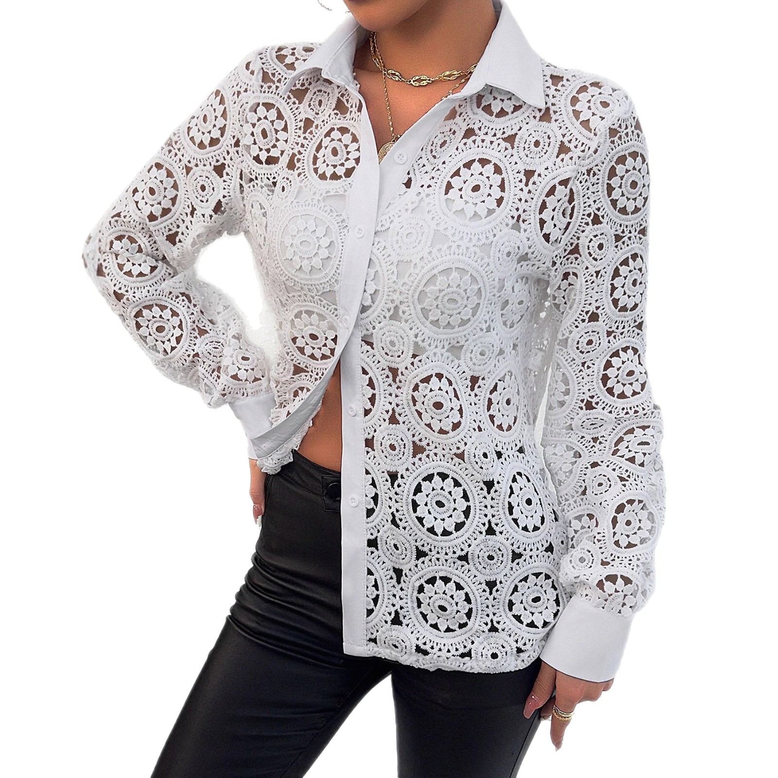Women's Long Sleeve V Neck Lace Shirt Blouse Fashion Top_ecoleips.com