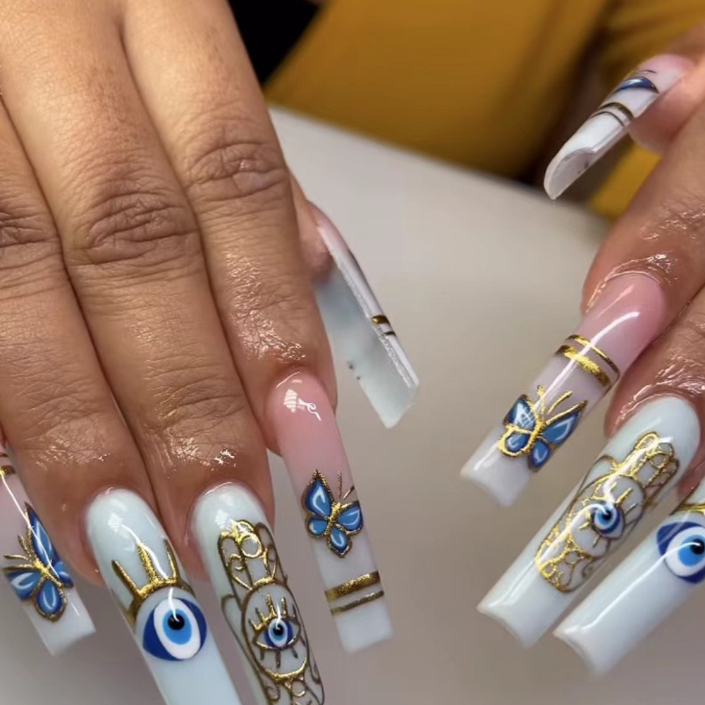 Parches de uñas postizas transfronterizos más vendidos en Europa y América, parches de uñas con tótem de faraón, uñas postizas de mariposa coloridas