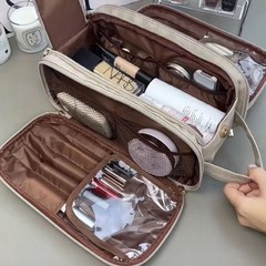 化粧品バッグ新しい PU ハンドバッグ旅行収納大容量化粧品収納二層ポータブルトートバッグ