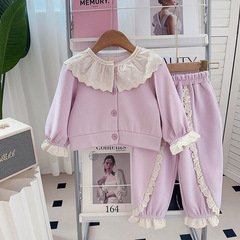 女童套裝春秋季新款洋氣休閒寬鬆衛衣運動花邊領兩件套