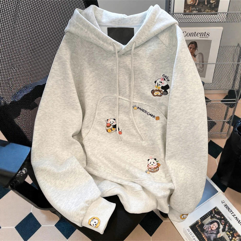 韩系学院风可爱小熊猫刺绣卫衣女冬季加绒加厚高级感连帽上衣外套