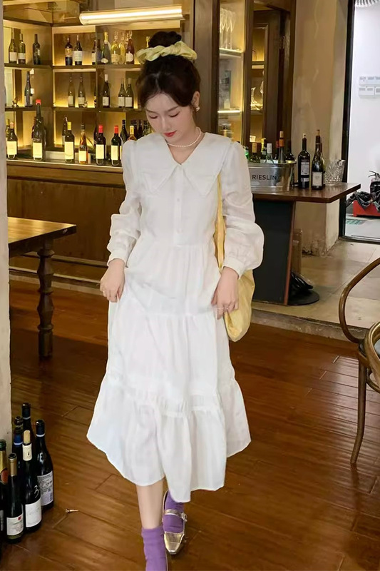 Early Spring and Autumn New Long Sleeve French Midi Dress Puff Sleeve White Base Skirt Hepburn Style Long Dress Early Spring and Autumn New Long Sleeve French Midi Dress Puff Sleeve White Base Skirt Hepburn Style Long Dress