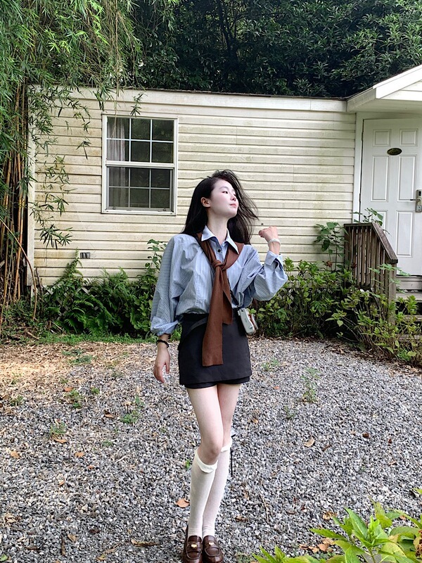 韩系高级感条纹翻领长袖衬衫包臀半身裙女2025秋季新款时尚套装潮|undefined