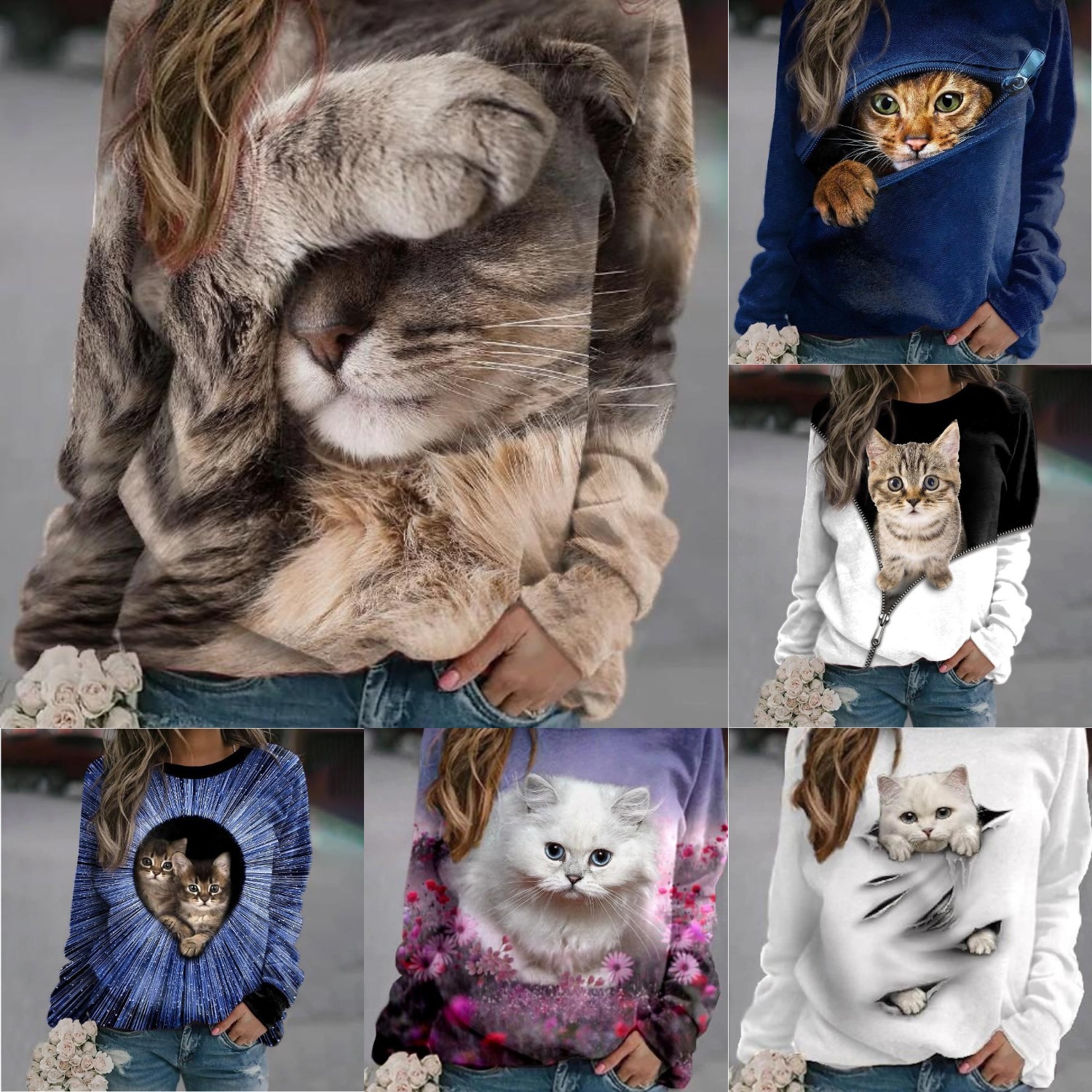 2023 Spring and Autumn New Amazon Thin Cat Printed Round Neck Casual Women's European and American Pullover Long Sleeve Sweatshirt