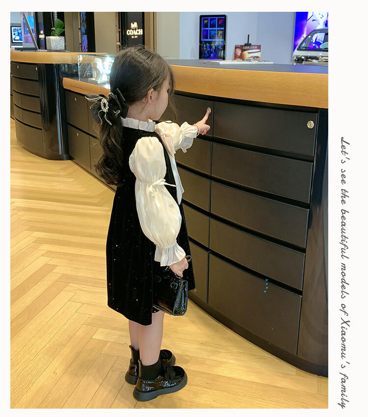 Girls' Spring and Autumn Long sleeved High end 2023 Western style Hepburn Small Fragrance Bow Bubble Sleeve Dress_voghion.com