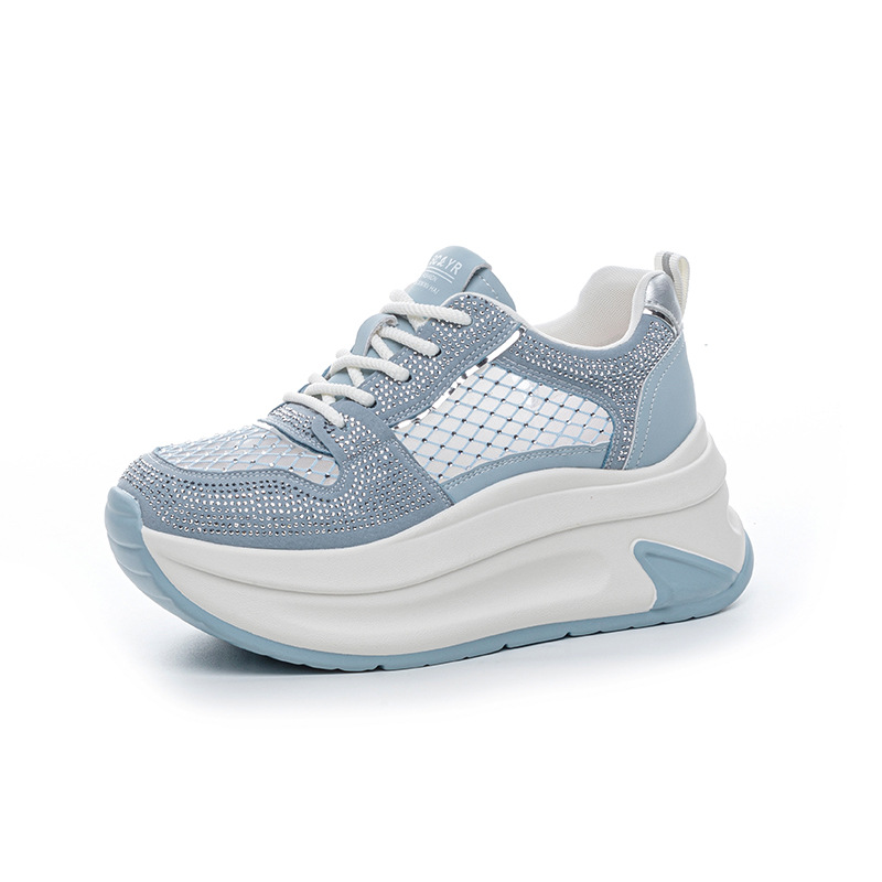 White Rhinestone Platform Sneakers Women's Lace-up Trainers_voghion.com