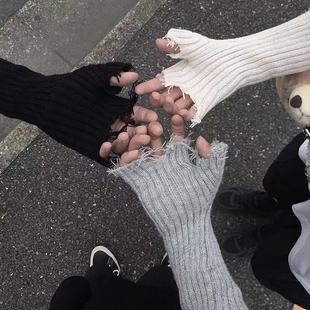 Dark Tear Knitted Gloves Gothic Harajuku Style Loose Sleeves Trendy Cool Hole Street Y2K Subculture Spot