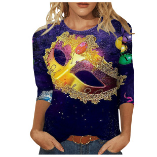 Women's Amazon European and American spring and autumn slim round neck bottoming shirt 3D printed casual T-shirt retro long sleeve 3/4 sleeve