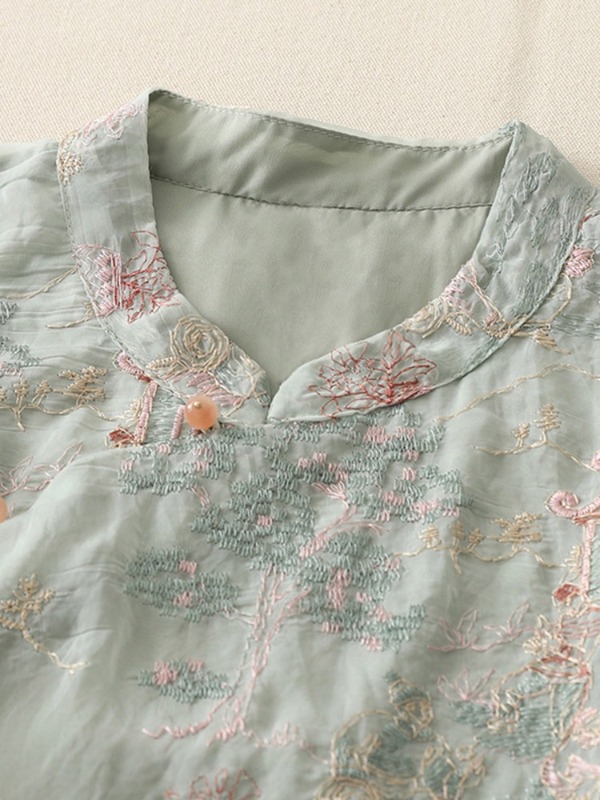 新しい中国風グリーン重工業刺繍シャツ女性の半袖夏中国風禅ボタンスタンドカラーシャツ茶服トップ|undefined