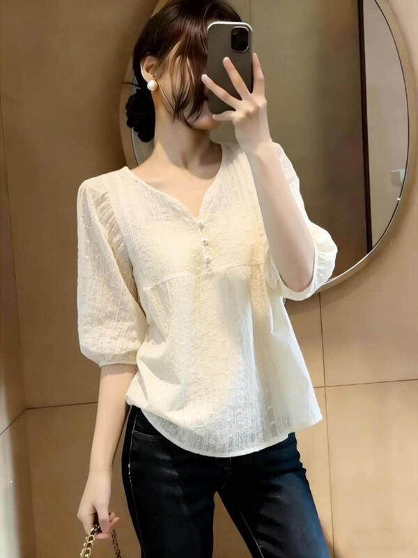 Chiffon collar puff-sleeve shirt for women, summer plus-size, loose-fitting, slimming design, unique and youthful top