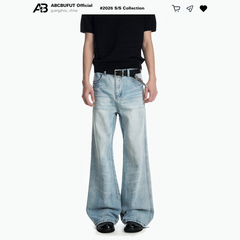 Abcbufut "Cat Whisker Texture" Slightly Flared Pleated Retro Washed Versatile Casual Street Fashion Jeans Trend Abcbufut "Cat Whisker Texture" Slightly Flared Pleated Retro Washed Versatile Casual Street Fashion Jeans Trend