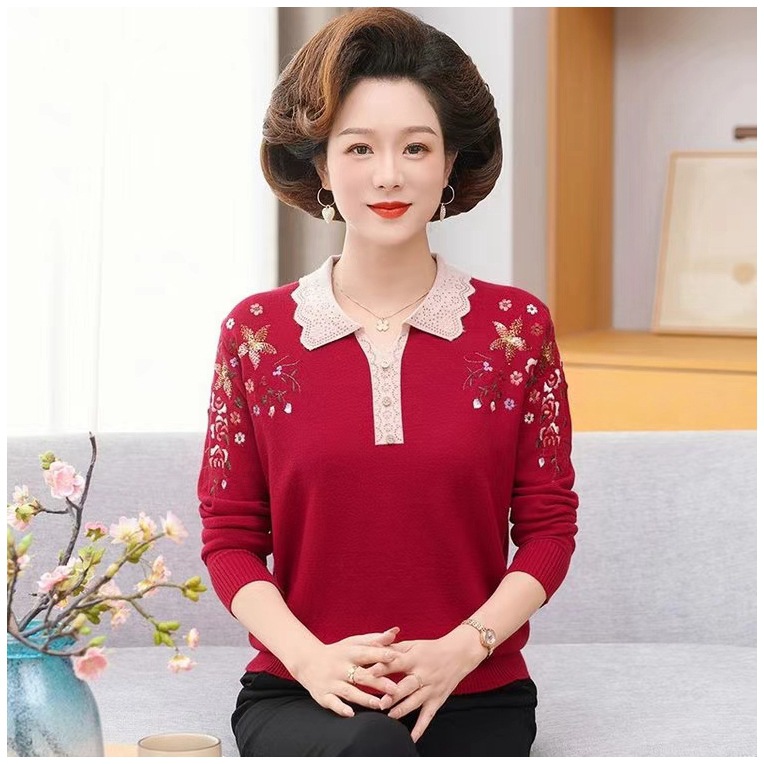 2024 새로운 외국 스타일의 어머니 스웨터 최고 긴 소매 중년 및 노인 옷깃 스웨터 여성용 플러스 사이즈 봄 바닥 셔츠