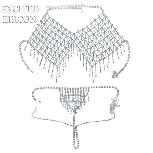 AliExpress hot selling sexy lingerie set nightclub stage show mesh rhinestone tassel body chain body chain