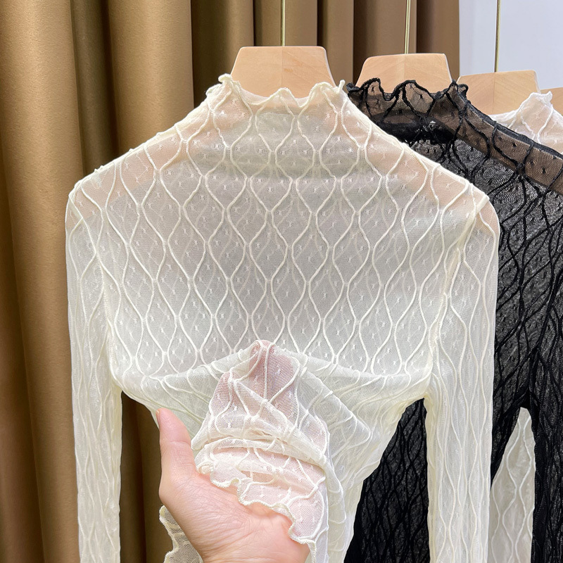 High-Neck Lace Inner Top for Women, Autumn/Winter 2025 New Stylish Thin White Mesh Long-Sleeve Undershirt