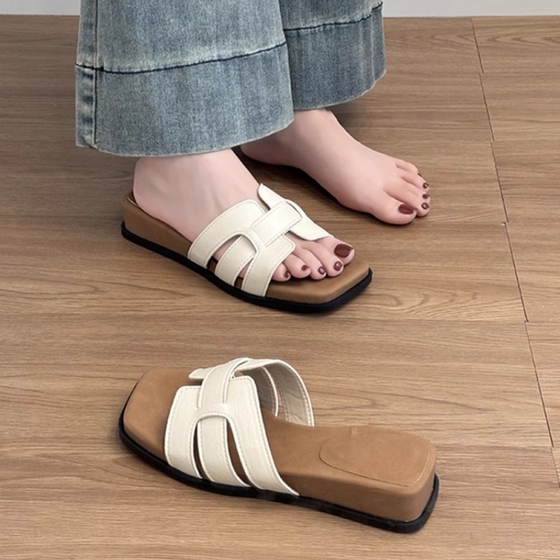 Cowhide Version! Wedge Thick-Soled For Women Summer Outdoor 2025 New French Style Elegant Sandals Square-Toed One-Strap_vogvips.com