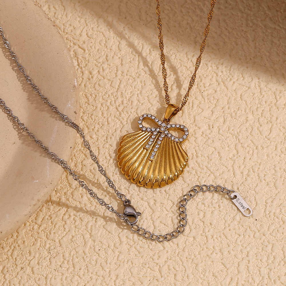 Scallop With Bow Stainless Steel Pendant Necklace