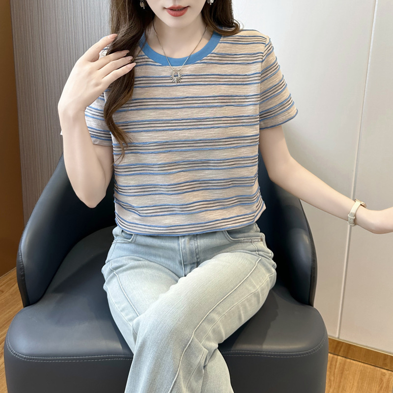 227~蓝色条纹短袖t恤女2025春夏季新款圆领打底上衣|undefined