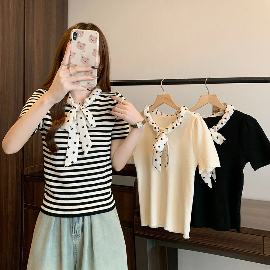 2024 neuer Sommer süßer Polka Dot-Pullover mit Kordelzug, kurzärmeliges Eisseide-Bauchbedeckung, kleines duftendes Streifenoberteil für_voghion.com