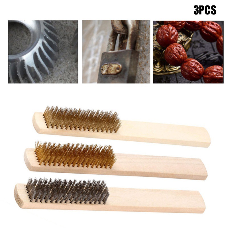 3件套黄铜钢丝刷木柄钢丝刮擦牙刷不锈钢黄铜镀铜钢丝刷套件