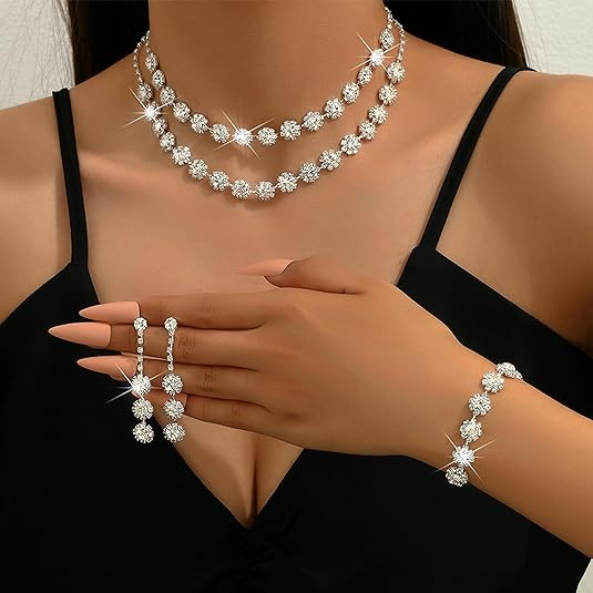 hot selling fashion sparkling rhinestone necklace earrings bracelet set Luxury temperament necklace earrings 3 piece set_senzul.com