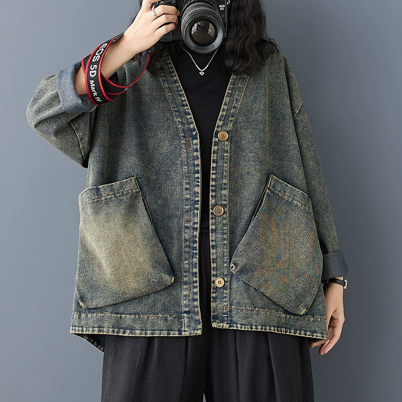 Denim spring jacket for leisure, V-neckline, plus size