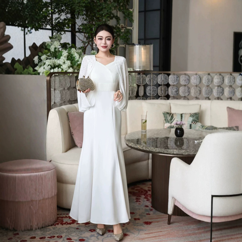 Women's New Party Dress with Draped Chiffon V-Neck, Rhinestone Shawl, Waist-Cinching, Draped Mermaid Floor-Length Gown Women's New Party Dress with Draped Chiffon V-Neck, Rhinestone Shawl, Waist-Cinching, Draped Mermaid Floor-Length Gown