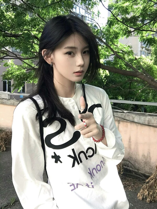 美式复古亨利领白色长袖t恤女早秋225新款宽松慵懒风防晒罩衫上衣|undefined