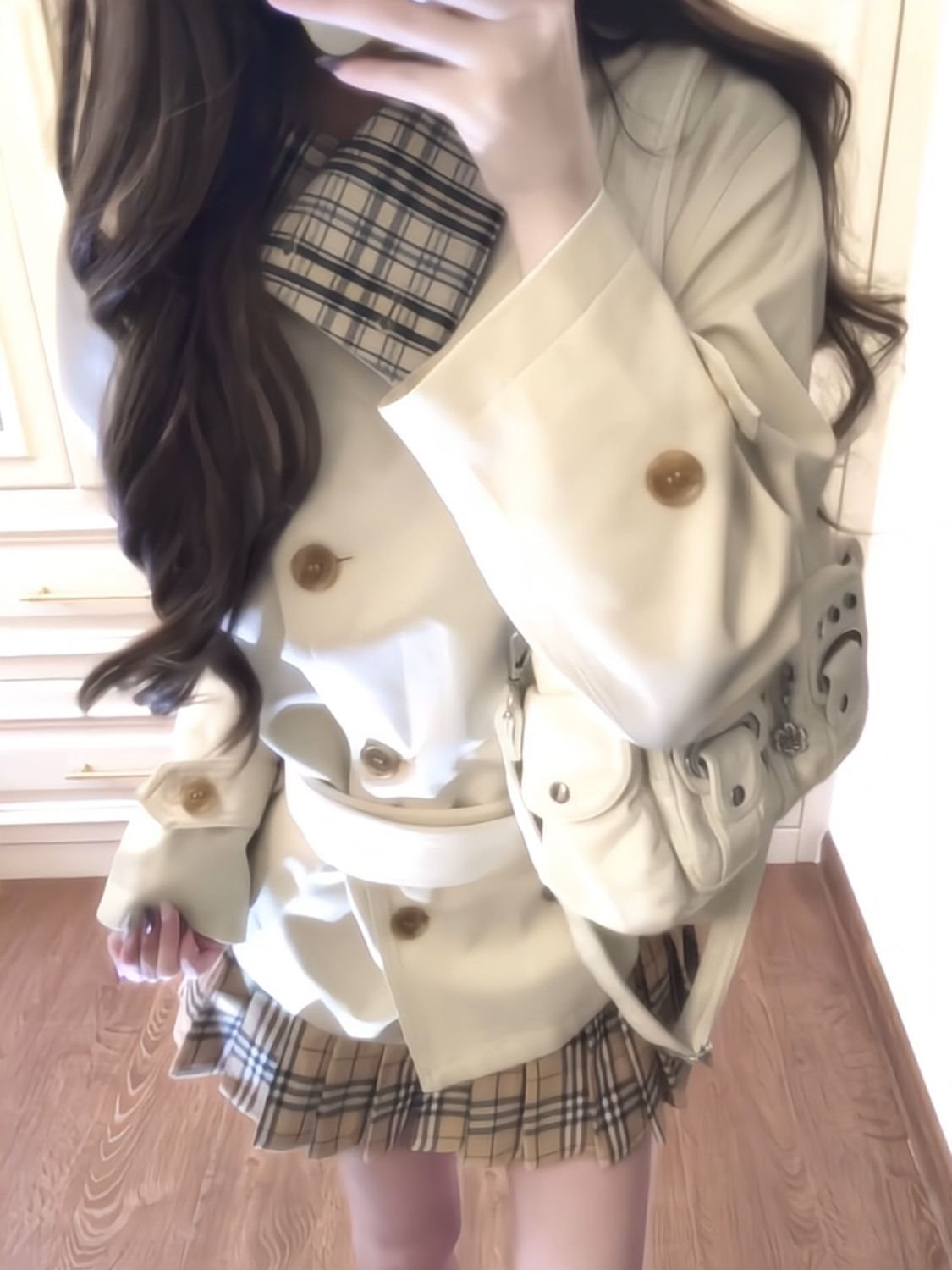 复古立领格纹拼接双排扣廓形风衣外套女春秋新款潮流百搭显瘦上衣