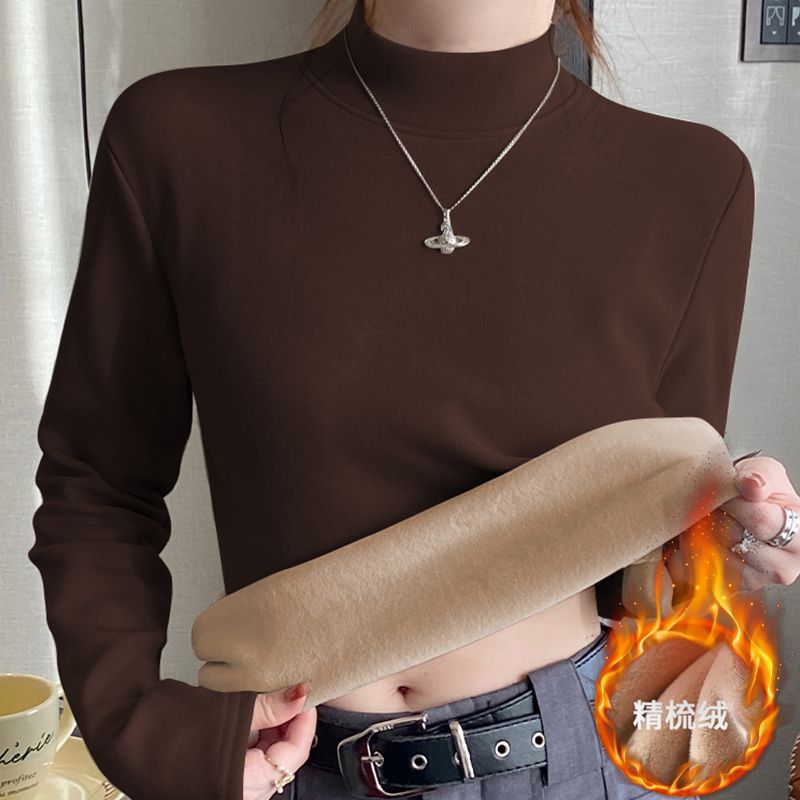 Derong Composite Silver Fox Velvet Bottoming Shirt for Women 2025 Autumn and Winter Half Turtleneck Fleece-Lined Thickeneded Warm Inner Top