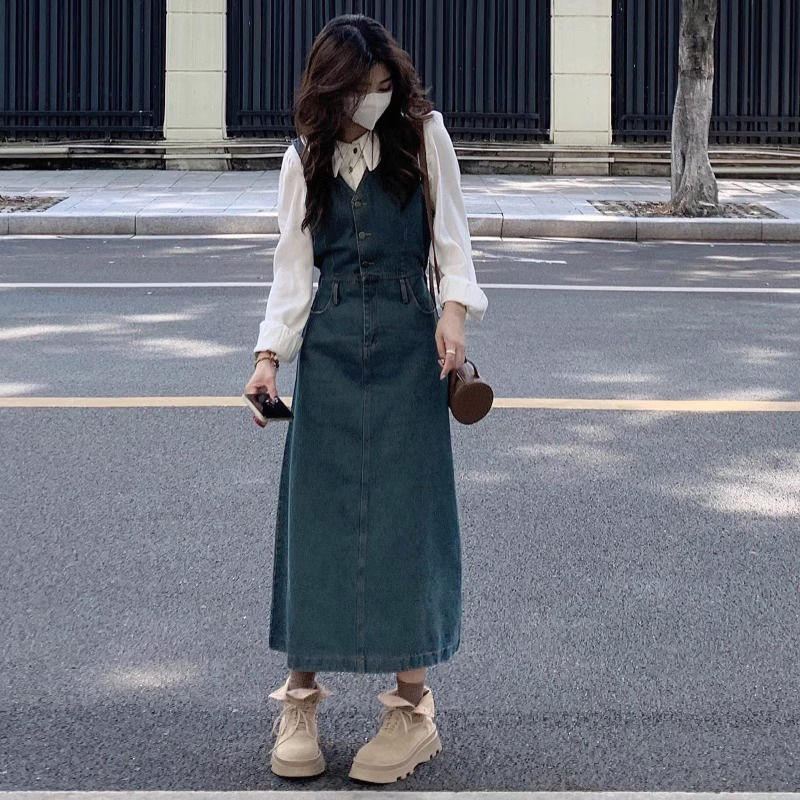 初秋新款女装套装港风感牛仔无袖背心连衣裙收腰白衬衫两件套|undefined