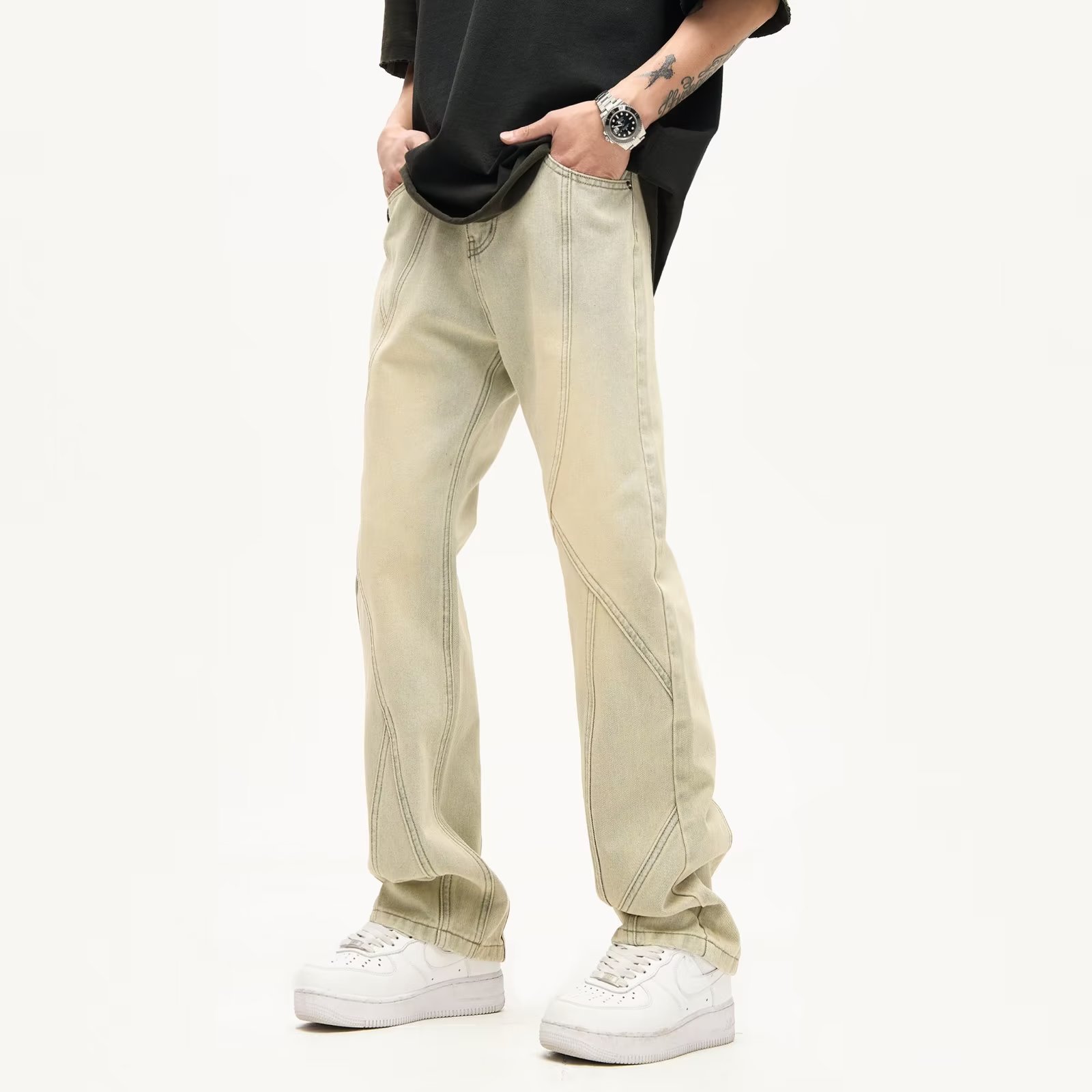 2024 verano pesado americano micro-up jeans hombres de moda slim-fit negro recto pantalones de trapeador de calle alta