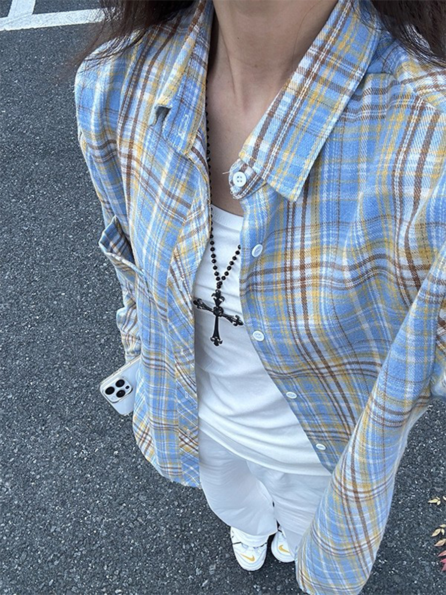 American-Style Blue Plaid Shirt for Women, 2026 Spring New Vintage Long-Sleeve Casual Shirt Jacket Outerwear for Summer