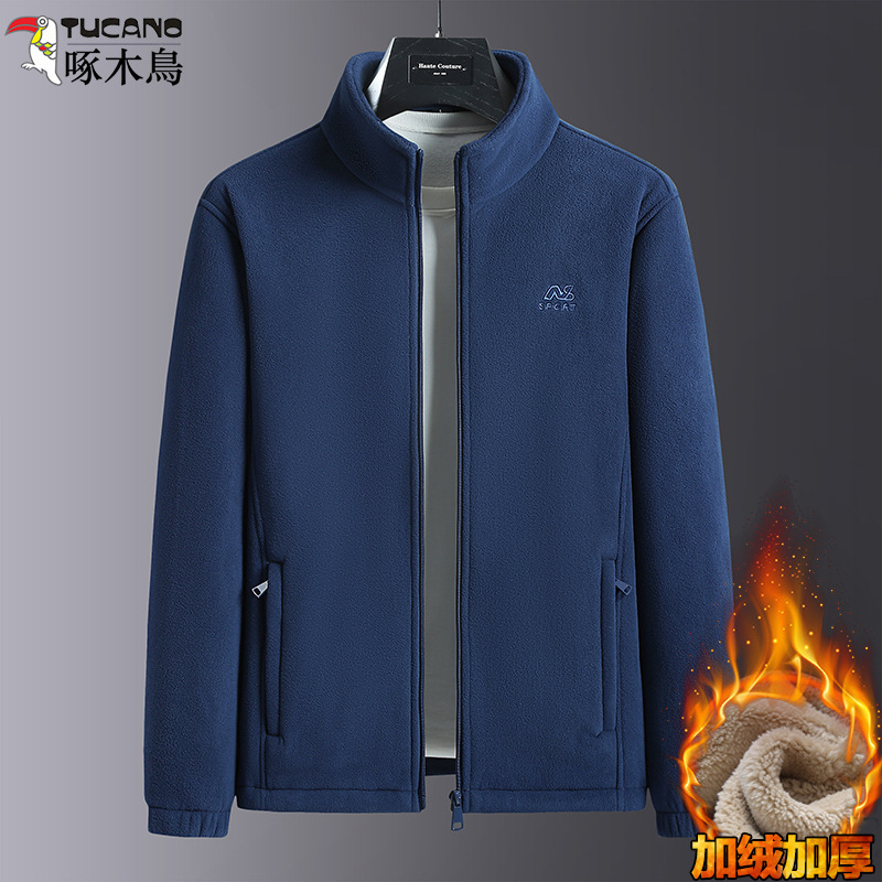Woodpecker Autumn and Winter Dad's Polar Fleece Jacket Men's Velvet Thickened Fleece Jacket Middle-Aged and Elderly Lamb Velvet Warm Jacket