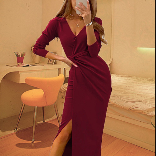 Dark green wine black color V-neck long-sleeved split  prom banquet cocktail evening dresses for women birthday party celebration dress