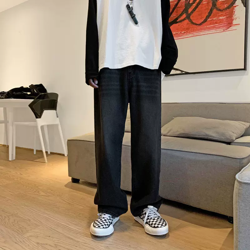 黑色弯刀牛仔裤男春秋季cleanfit休闲裤子美式vibe直筒显瘦微喇裤