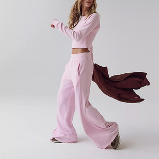 Cross-border European and American Yoga Long-sleeved Top High Elastic Outdoor Sports Wide-leg Pants Women's Solid Color Navel Fitness Sports suit