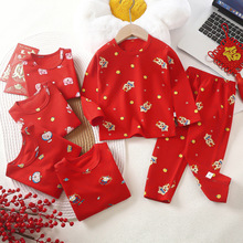 儿童无骨纯棉莱卡内衣套装新年男女孩龙年大红本命年秋衣家居服