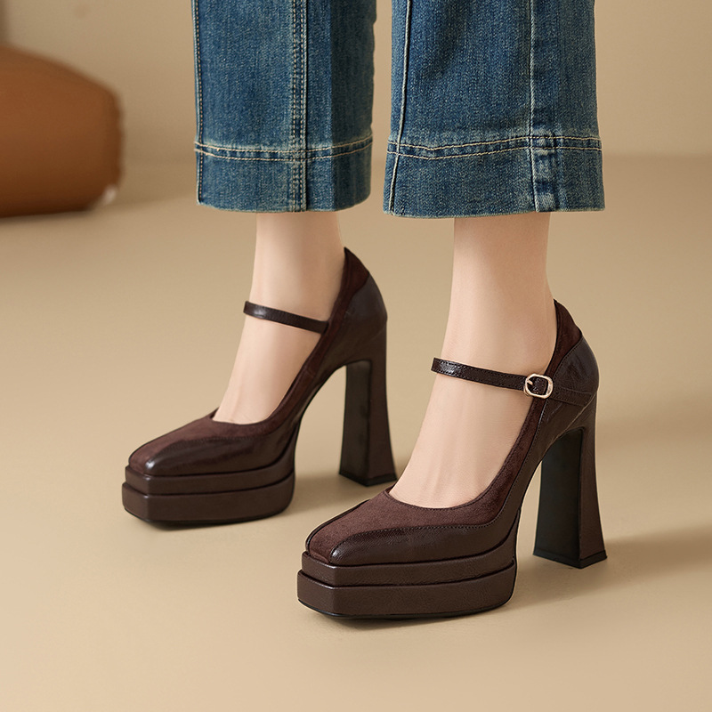 Giày Mary Jane nữ mũi vuông gót vuông đế platform cao 9 cm, da thật, quai ngang có khóa — màu nâu, màu đen
