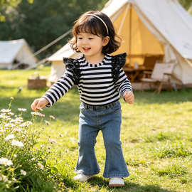 kids tales童装欧美外贸宝宝打底衫蕾丝飞袖儿童长袖T恤女童上衣