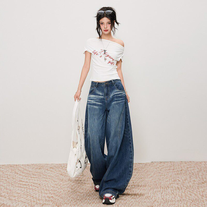 Lu Sheng American-Style High Street 3D Cut Washed Denim Floor-Length Pants High-Waisted Slimming Vintage Spring Fashion Lu Sheng American-Style High Street 3D Cut Washed Denim Floor-Length Pants High-Waisted Slimming Vintage Spring Fashion